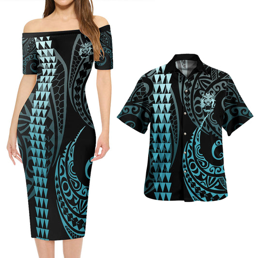 Solomon Islands Combo Short Sleeve Dress And Shirt Kakau Style Turquoise