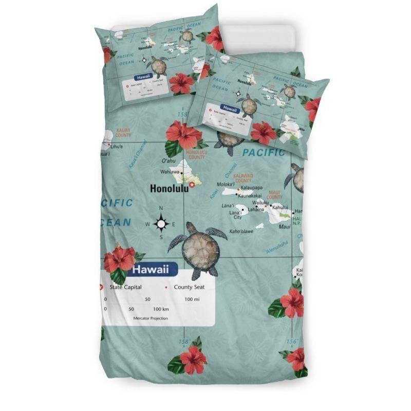 Hawaii Duvet Cover Set - Hawaii Turtle And Map Hawaii