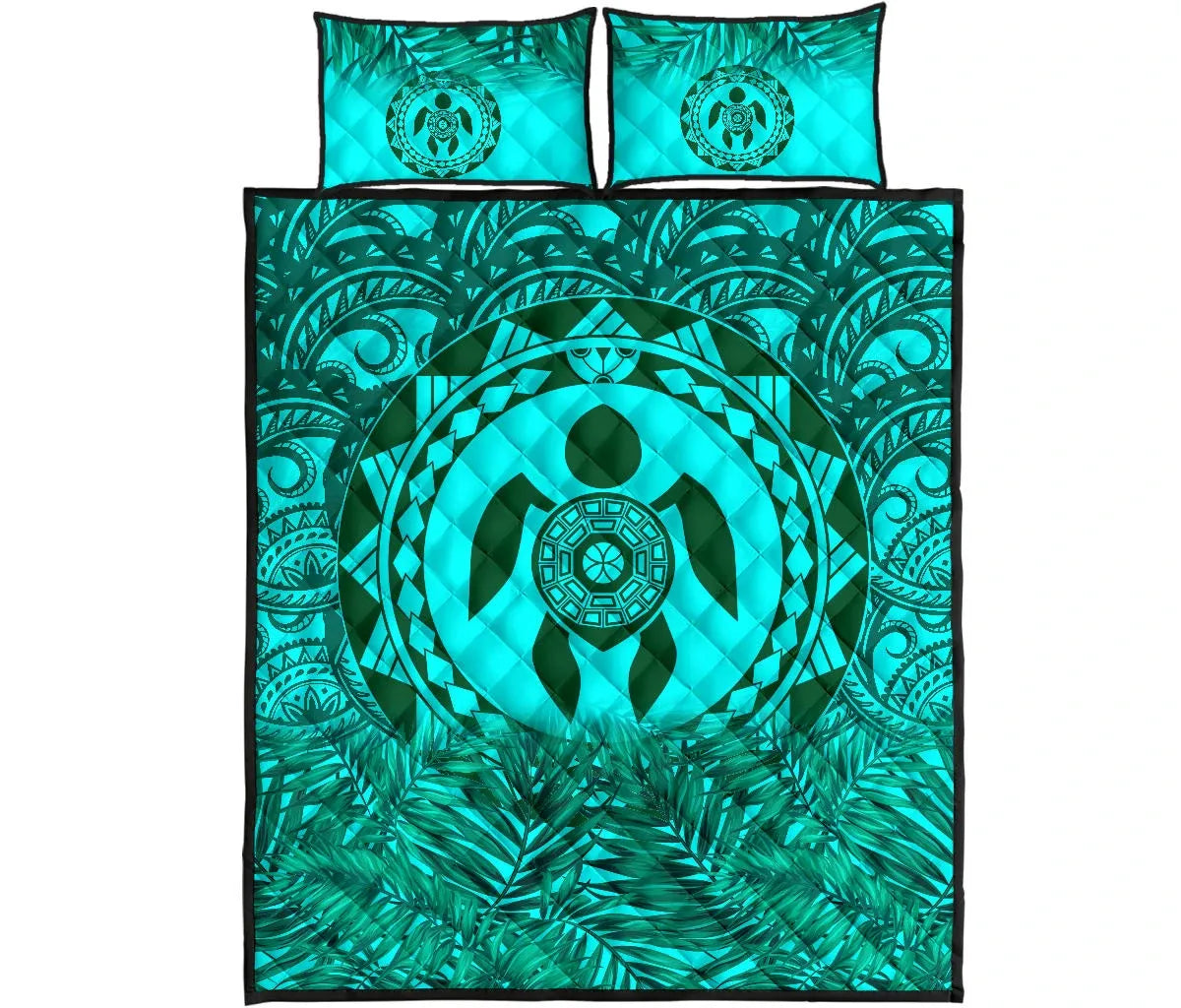 Polynesian Quilt Bed Set - Green Turtle Palm Torquoise Version
