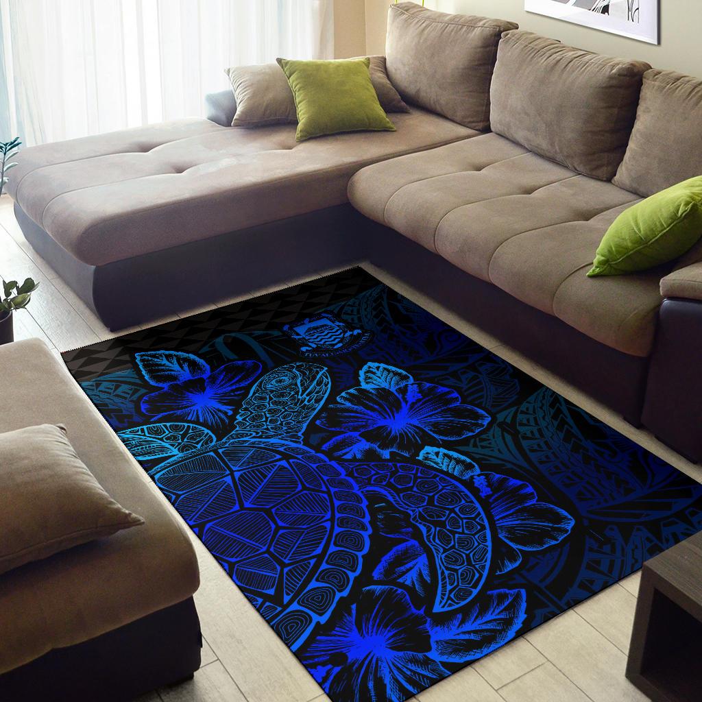 Tuvalu Area Rugs Turtle Hibiscus Blue