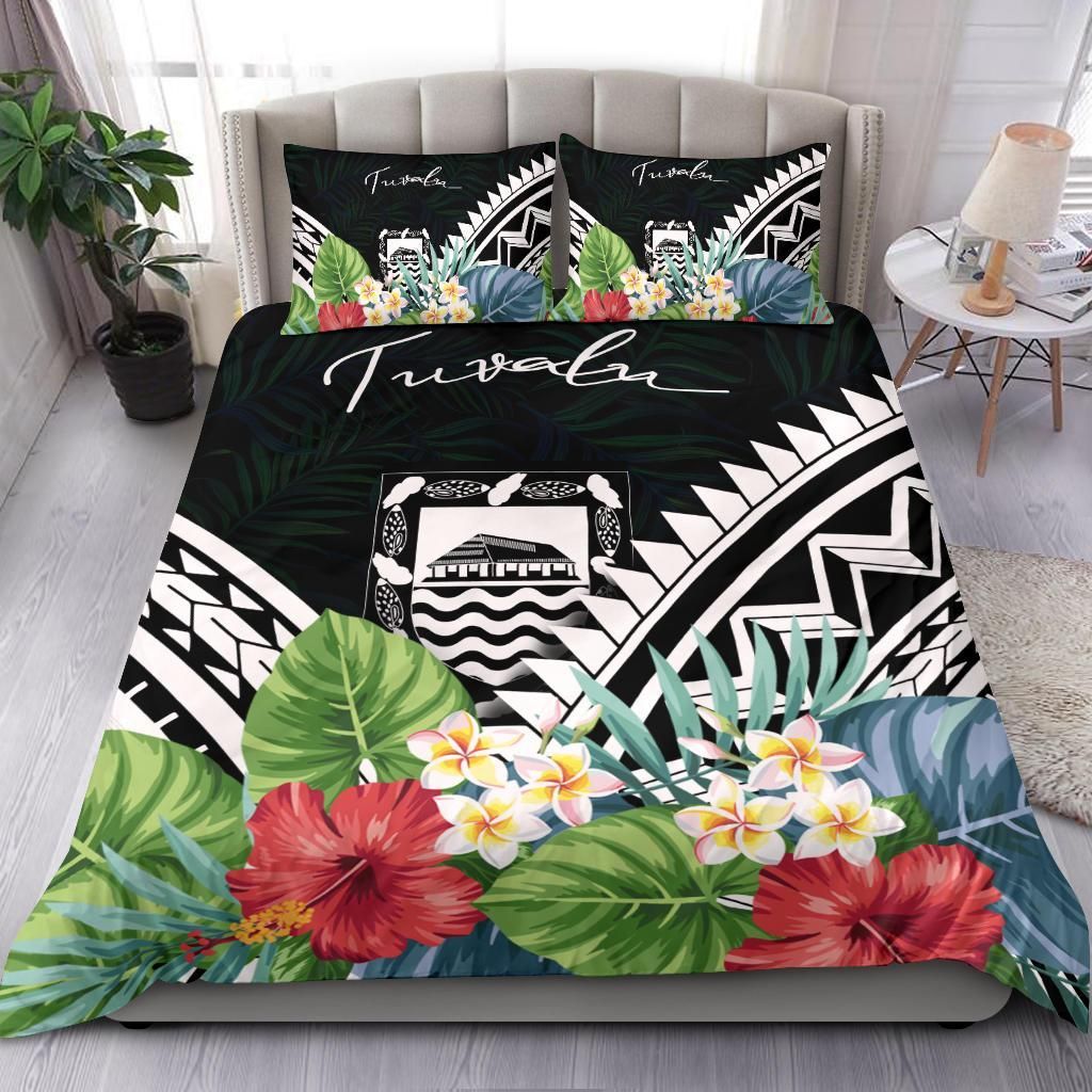 Tuvalu Bedding Set - Tuvalu Coat Of Arms & Polynesian Tropical Flowers White