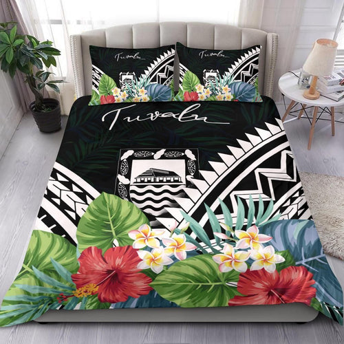 Tuvalu Bedding Set - Tuvalu Coat Of Arms & Polynesian Tropical Flowers White
