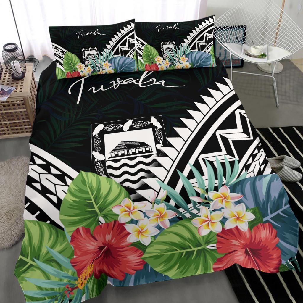 Tuvalu Bedding Set - Tuvalu Coat Of Arms & Polynesian Tropical Flowers White