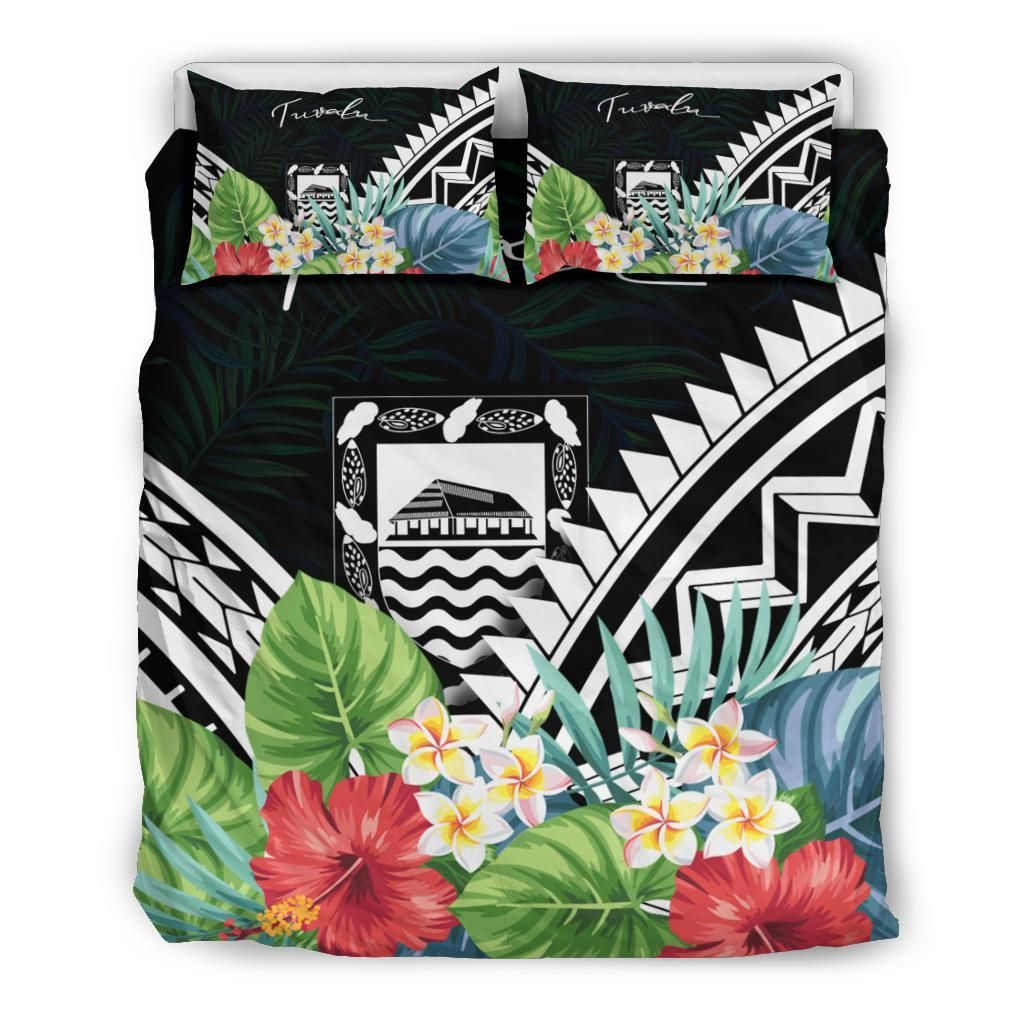 Tuvalu Bedding Set - Tuvalu Coat Of Arms & Polynesian Tropical Flowers White