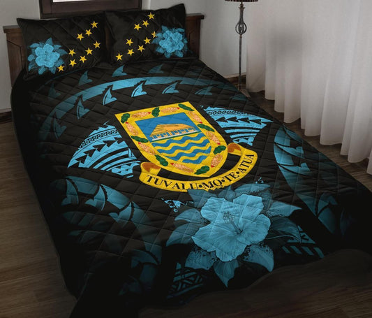 Tuvalu Polynesian Quilt Bed Set Hibiscus Blue