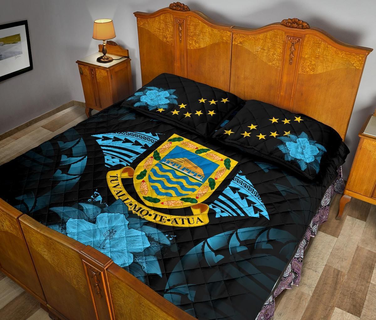 Tuvalu Polynesian Quilt Bed Set Hibiscus Blue