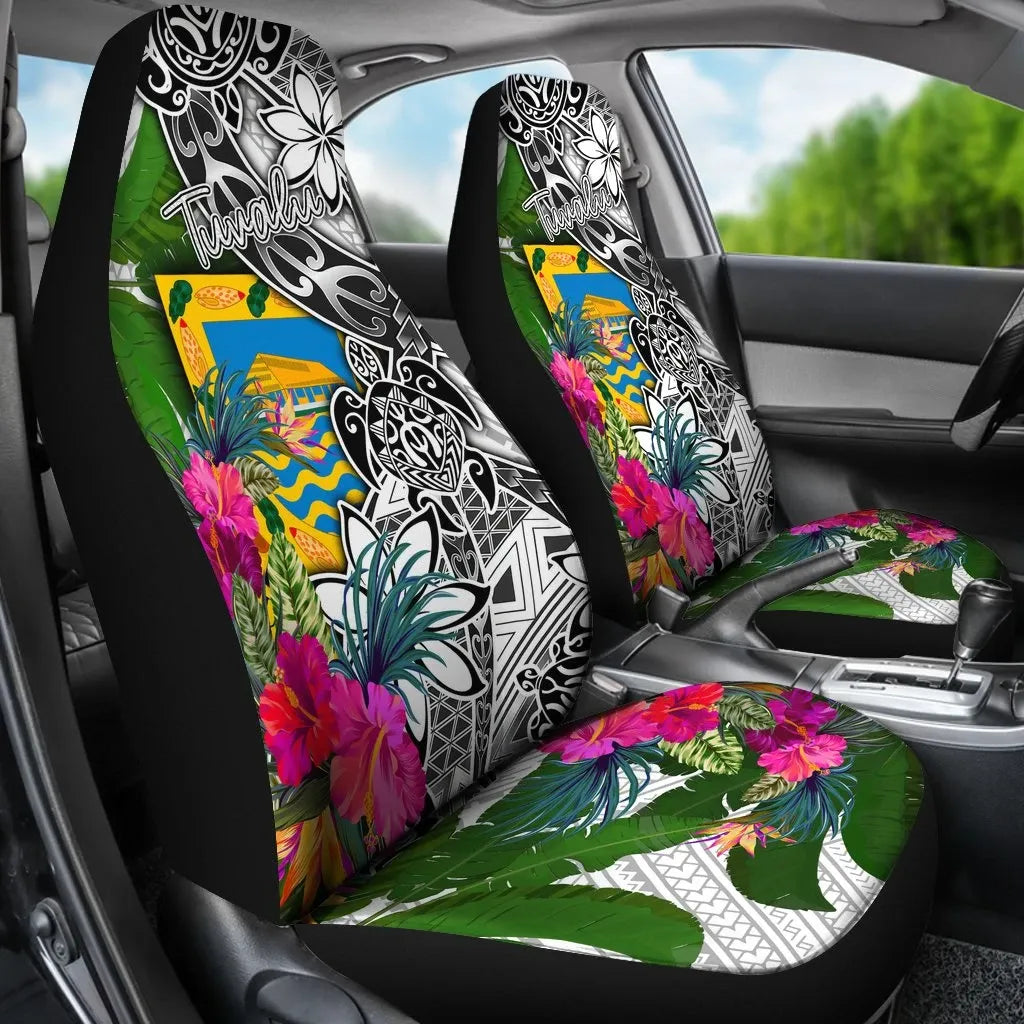 Tuvalu Car Seat Covers White - Turtle Plumeria Banana Leaf
