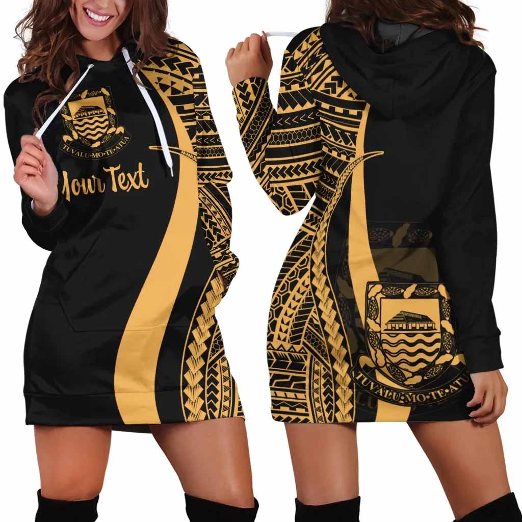Tuvalu Custom Personalised Hoodie Dress - Gold Polynesian Tentacle Pattern