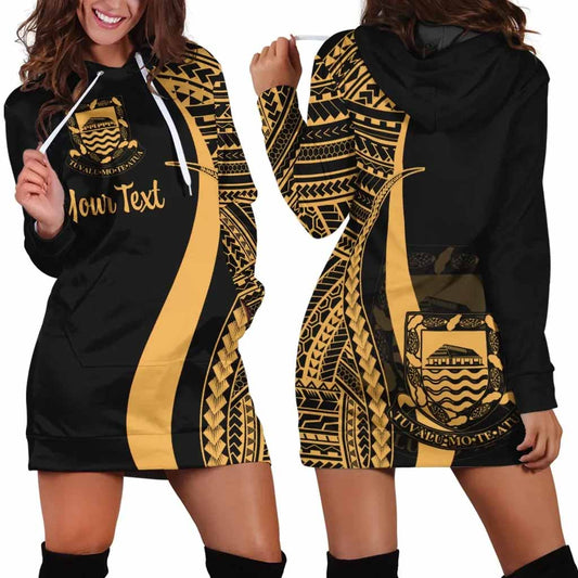 Tuvalu Custom Personalised Hoodie Dress - Gold Polynesian Tentacle Pattern