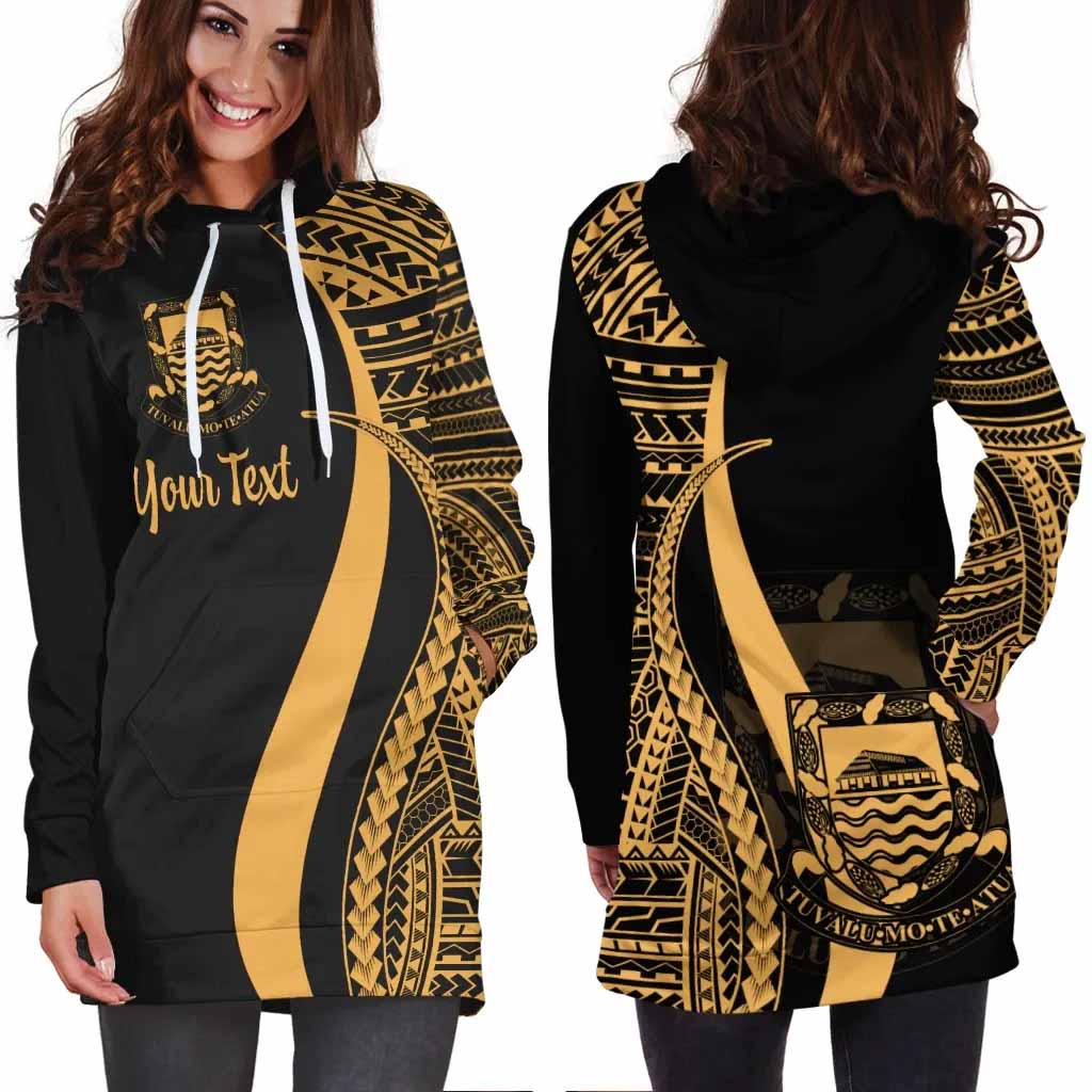 Tuvalu Custom Personalised Hoodie Dress - Gold Polynesian Tentacle Pattern
