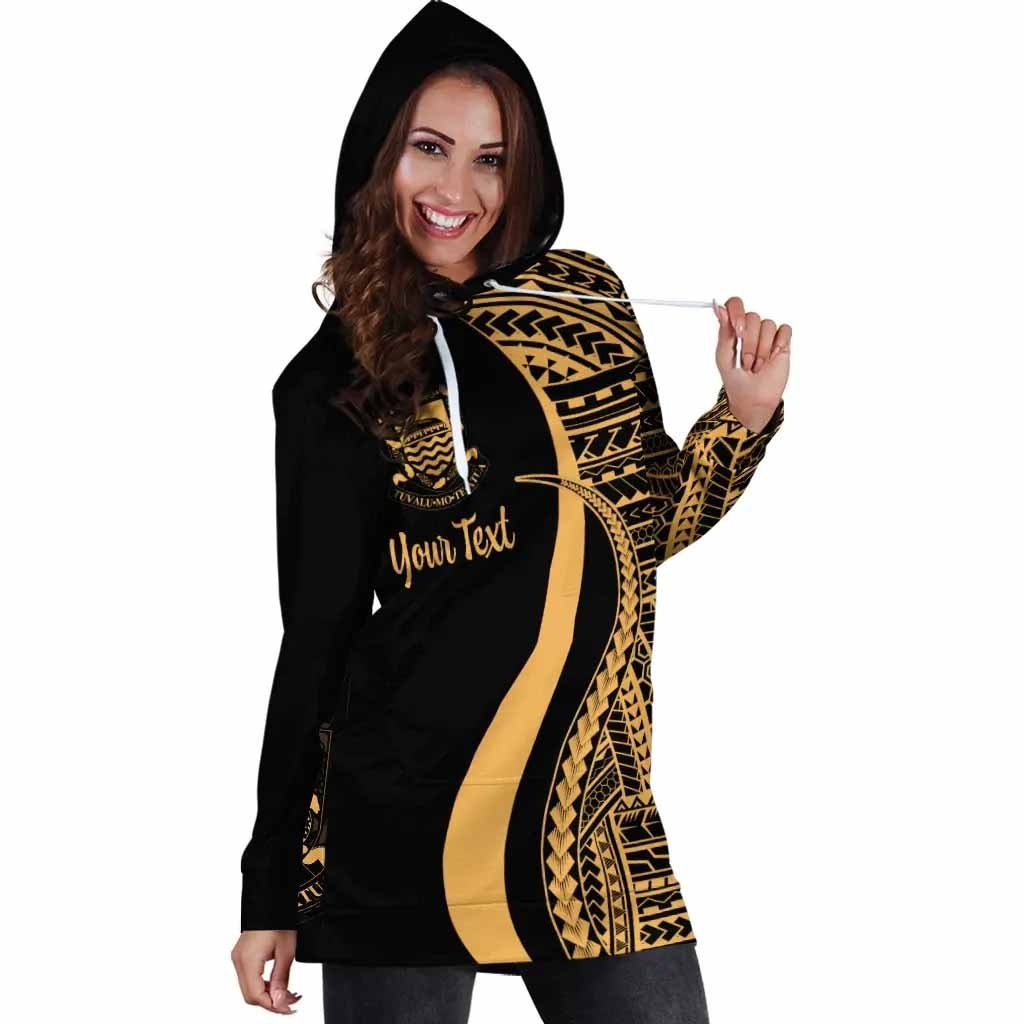 Tuvalu Custom Personalised Hoodie Dress - Gold Polynesian Tentacle Pattern