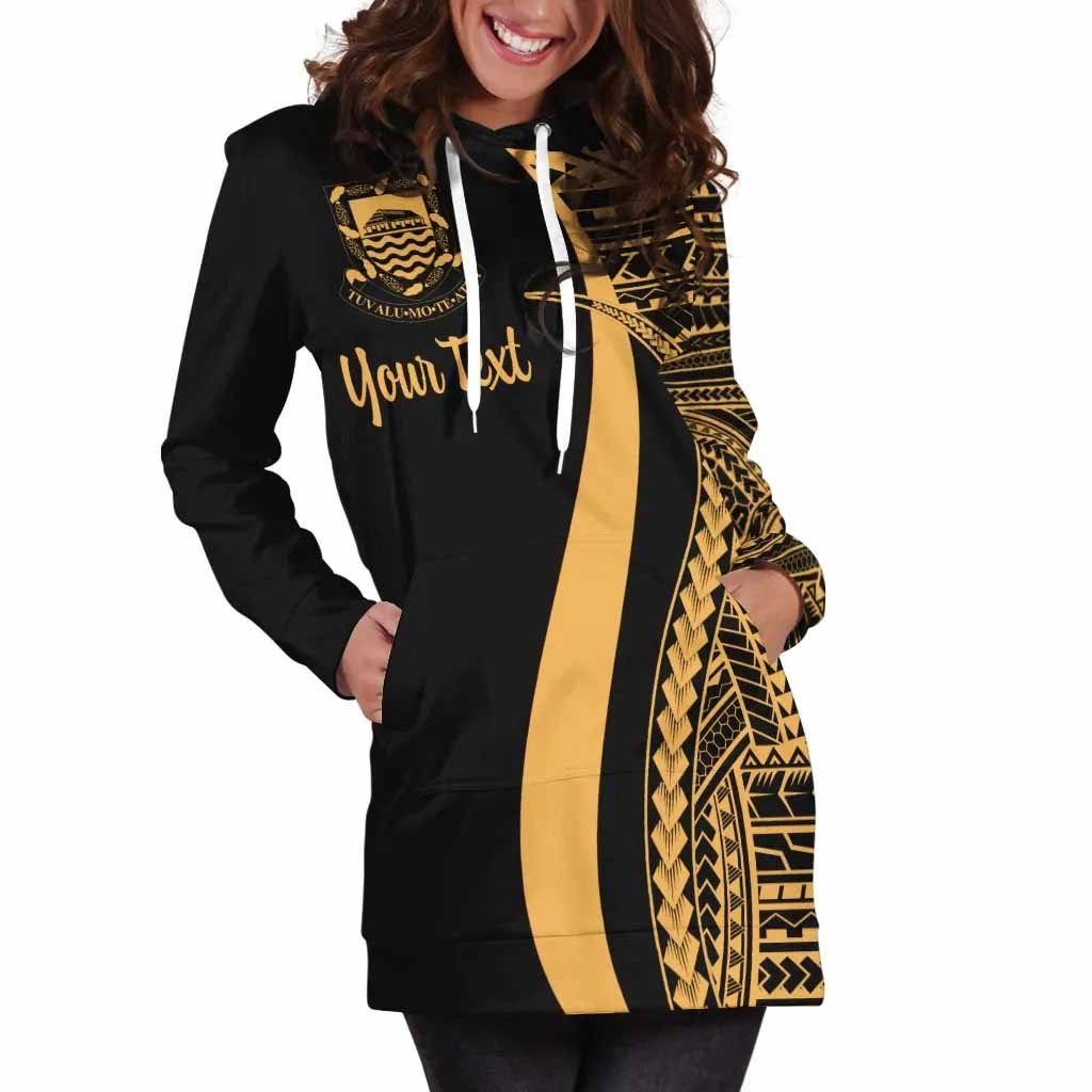 Tuvalu Custom Personalised Hoodie Dress - Gold Polynesian Tentacle Pattern