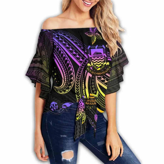 Tuvalu Custom Personalised Off Shoulder Wrap Waist Top - Pink Turtle