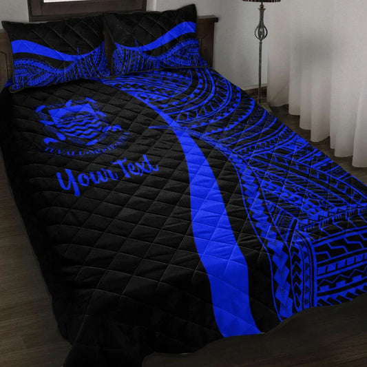 Tuvalu Custom Personalised Quilt Bed Set - Blue Polynesian Tentacle Tribal Pattern