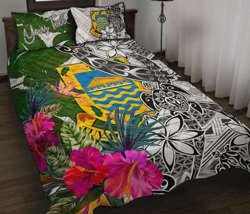 Tuvalu Custom Personalised Quilt Bed Set White - Turtle Plumeria Banana Leaf