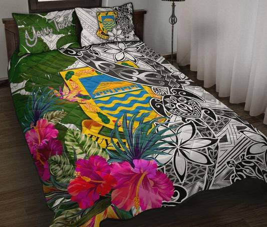 Tuvalu Custom Personalised Quilt Bed Set White - Turtle Plumeria Banana Leaf