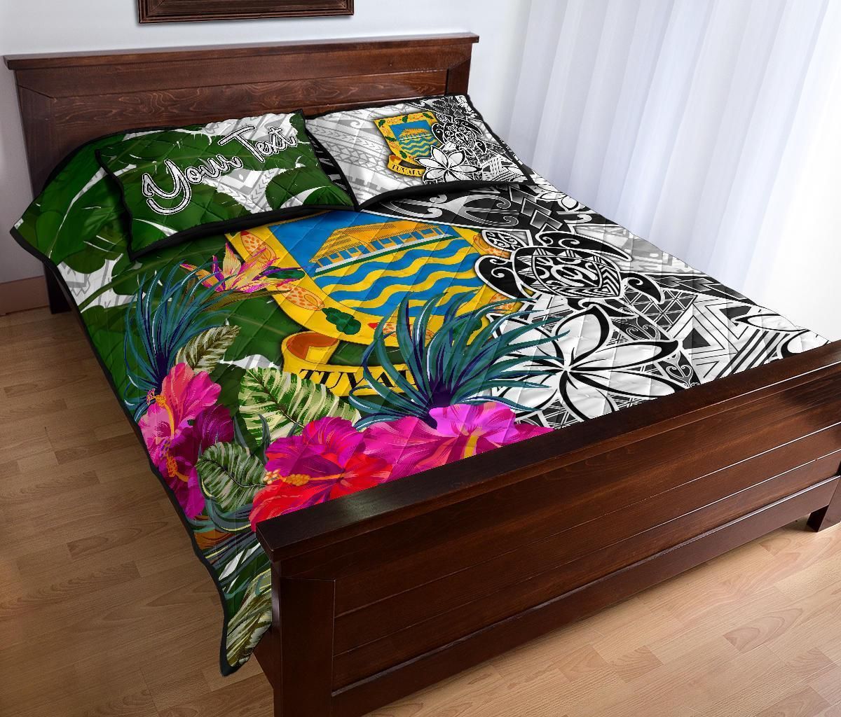Tuvalu Custom Personalised Quilt Bed Set White - Turtle Plumeria Banana Leaf