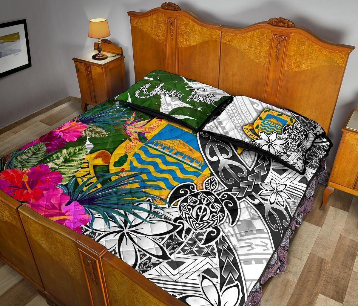 Tuvalu Custom Personalised Quilt Bed Set White - Turtle Plumeria Banana Leaf