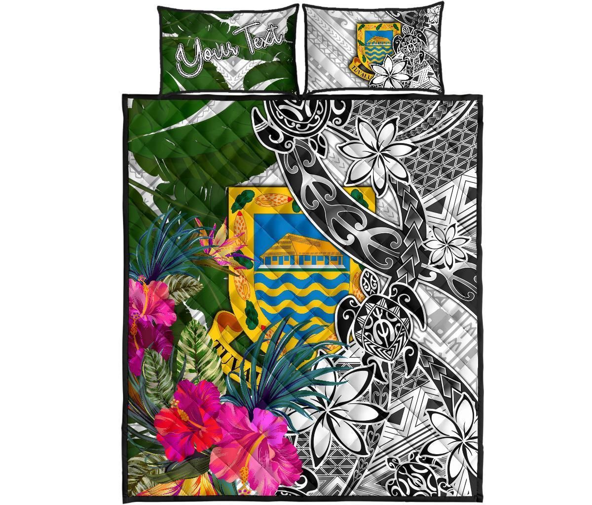 Tuvalu Custom Personalised Quilt Bed Set White - Turtle Plumeria Banana Leaf