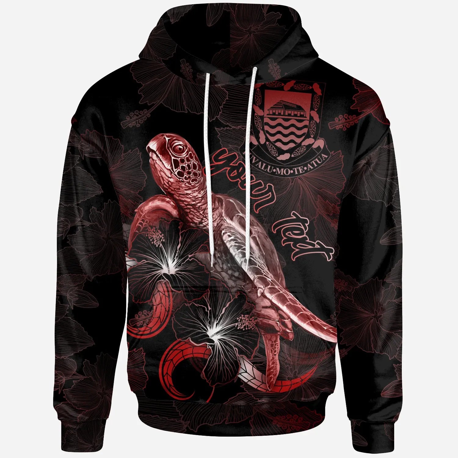 Tuvalu Custom Personalized Polynesian Hoodie - Turtle With Blooming Hibiscus Red