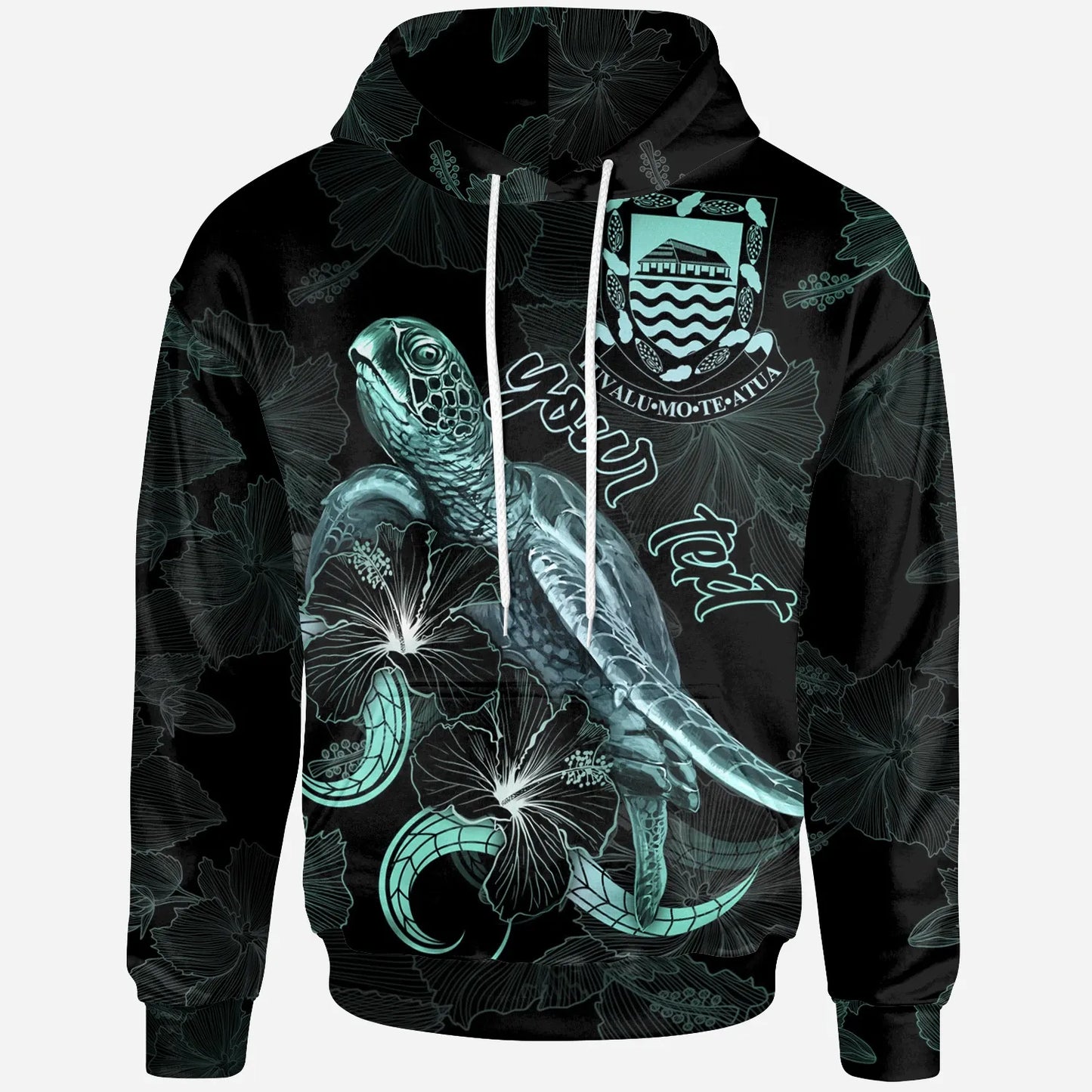 Tuvalu Custom Personalized Polynesian Hoodie - Turtle With Blooming Hibiscus Turquoise