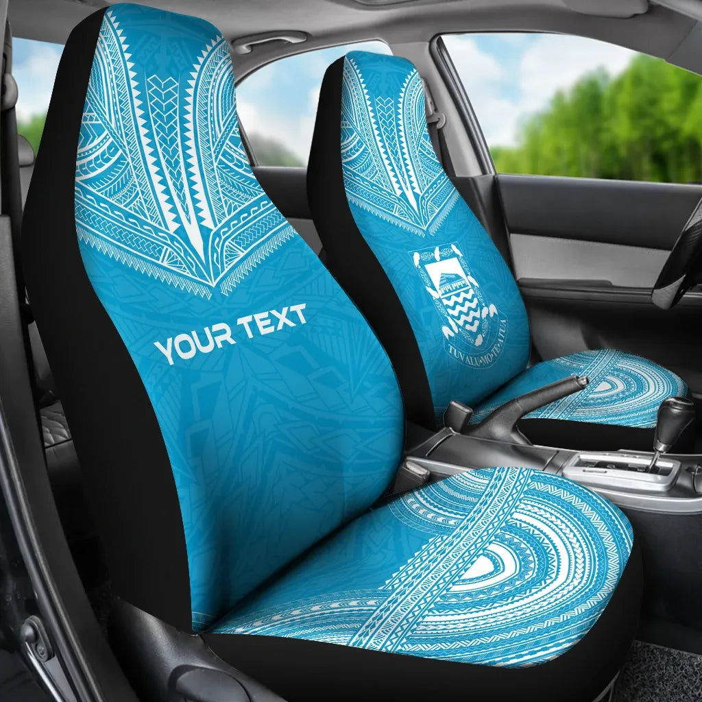Tuvalu Custom Personalised Car Seat Cover - Tuvalu Coat Of Arms Polynesian Chief Tattoo Blue Version
