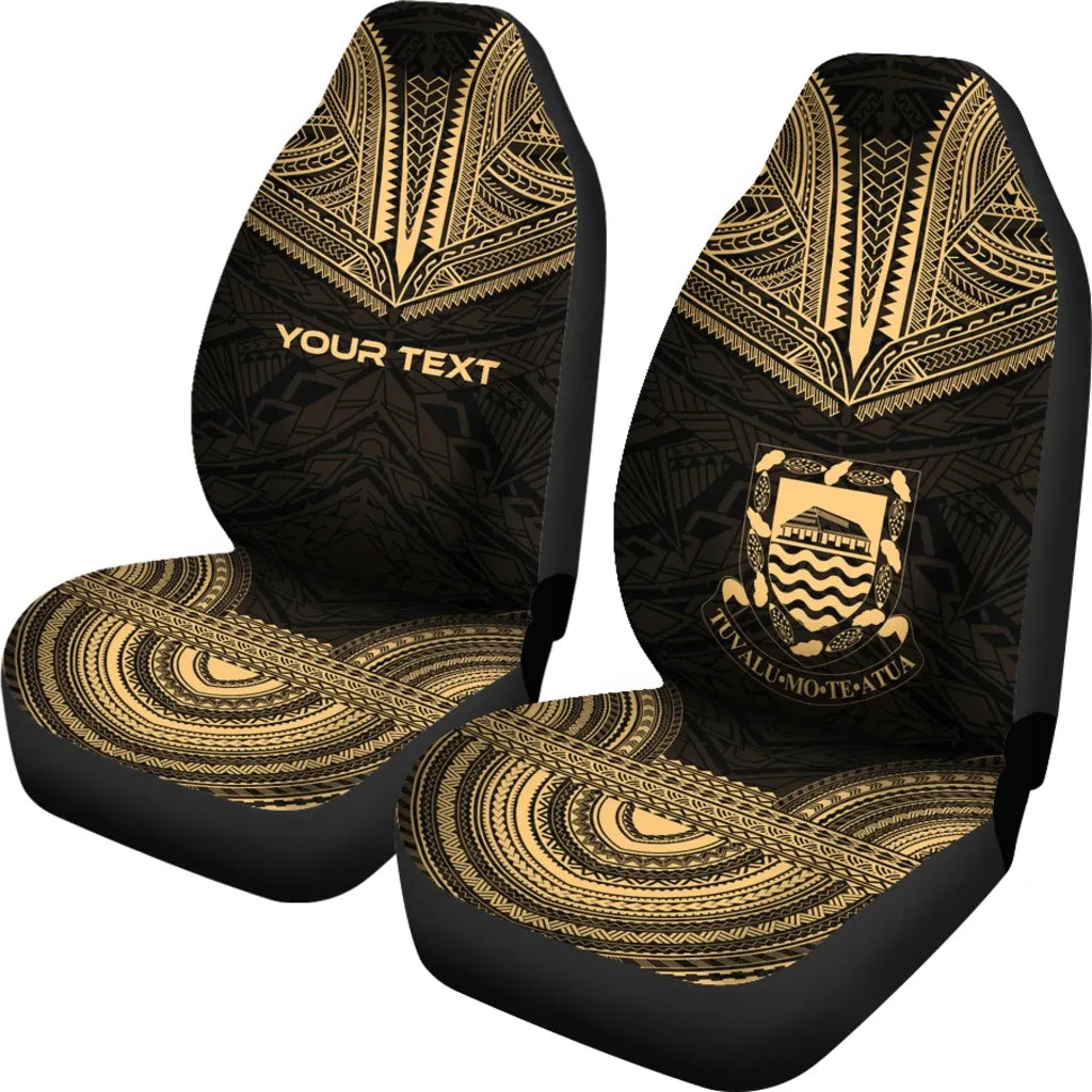 Tuvalu Custom Personalised Car Seat Cover - Tuvalu Coat Of Arms Polynesian Chief Tattoo Gold Version