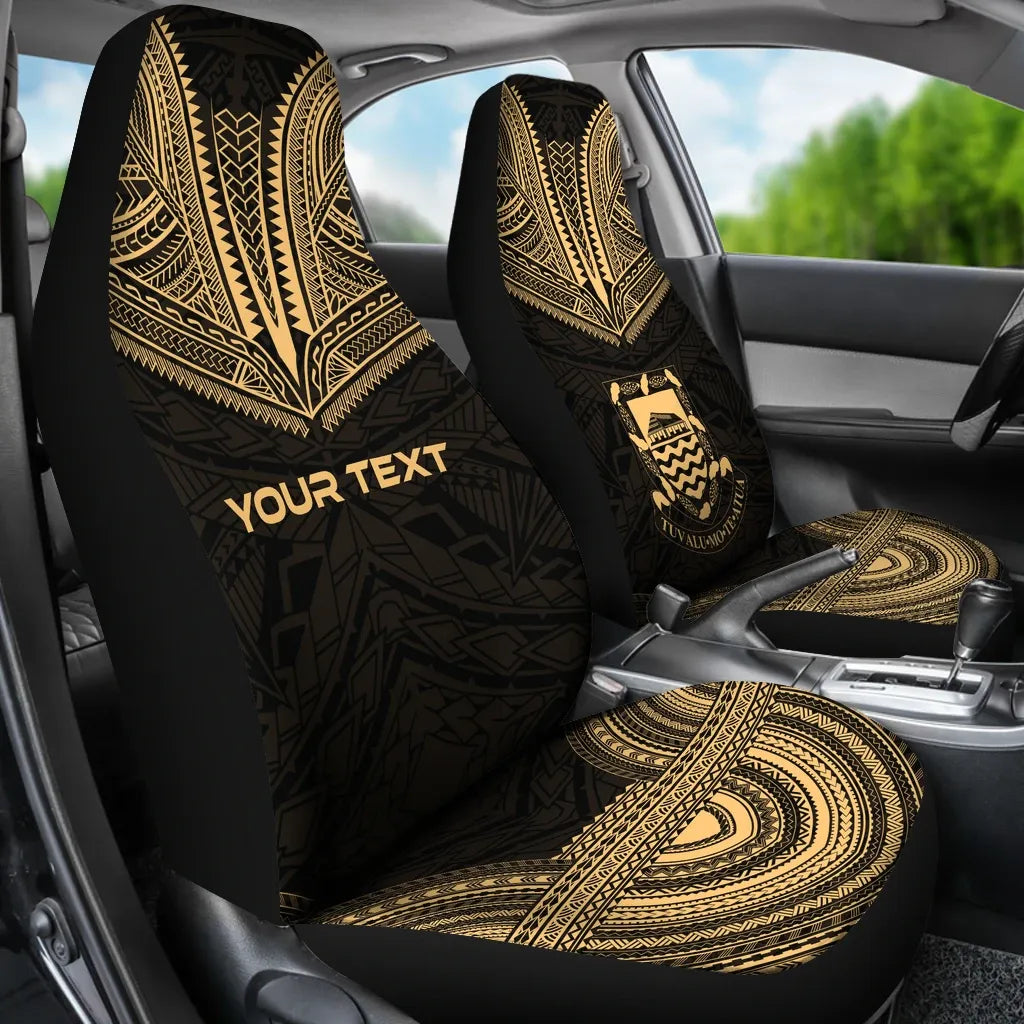 Tuvalu Custom Personalised Car Seat Cover - Tuvalu Coat Of Arms Polynesian Chief Tattoo Gold Version