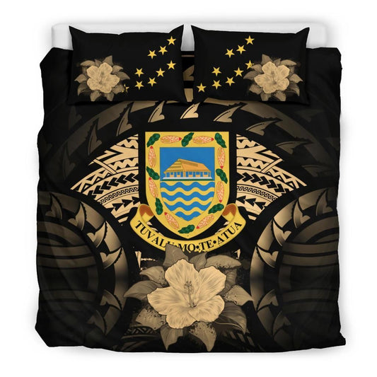 Tuvalu Duvet Cover Set - Tuvalu Coat Of Arms & Gold Hibiscus