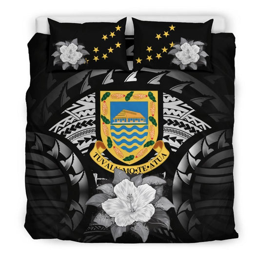 Tuvalu Duvet Cover Set - Tuvalu Coat Of Arms & Gray Hibiscus