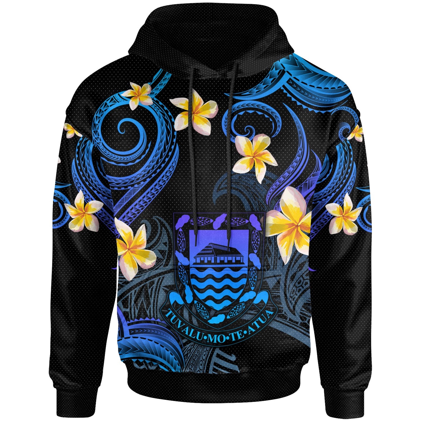Tuvalu Hoodie - Custom Personalised Polynesian Waves with Plumeria Flowers (Blue)