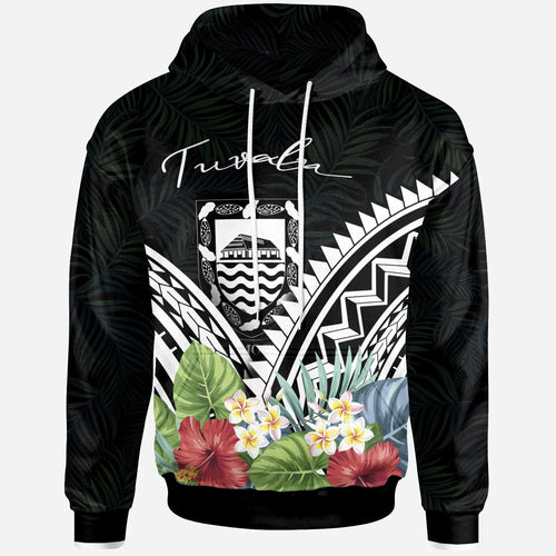 Tuvalu Hoodie -Tuvalu Coat of Arms & Polynesian Tropical Flowers White