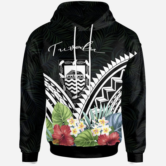 Tuvalu Hoodie -Tuvalu Coat of Arms & Polynesian Tropical Flowers White