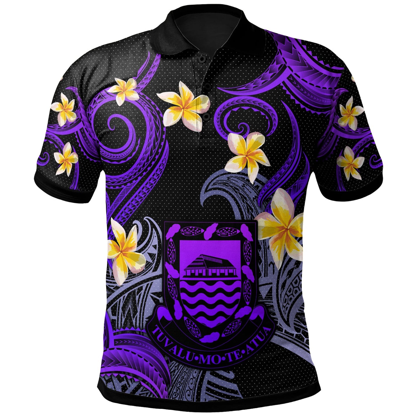 Tuvalu Polo Shirt - Custom Personalised Polynesian Waves with Plumeria Flowers (Purple)