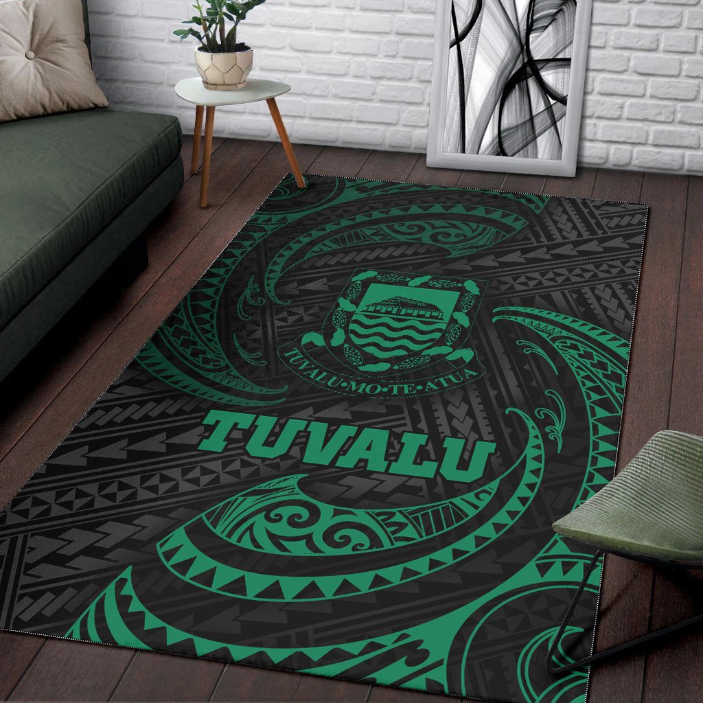 Tuvalu Polynesian Area Rug - Green Tribal Wave