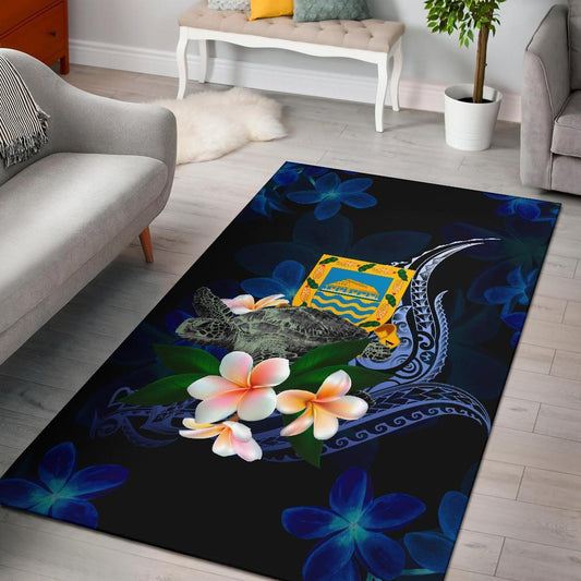 Tuvalu Polynesian Area Rug - Turtle With Plumeria Flowers