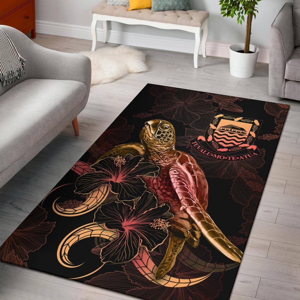 Tuvalu Polynesian Area Rugs - Turtle With Blooming Hibiscus Gold