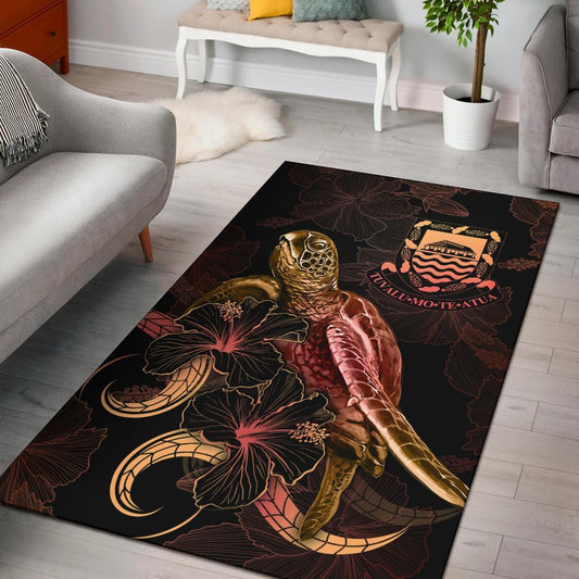 Tuvalu Polynesian Area Rugs - Turtle With Blooming Hibiscus Gold