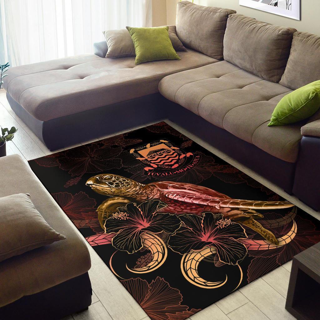 Tuvalu Polynesian Area Rugs - Turtle With Blooming Hibiscus Gold
