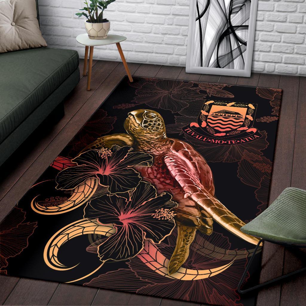 Tuvalu Polynesian Area Rugs - Turtle With Blooming Hibiscus Gold