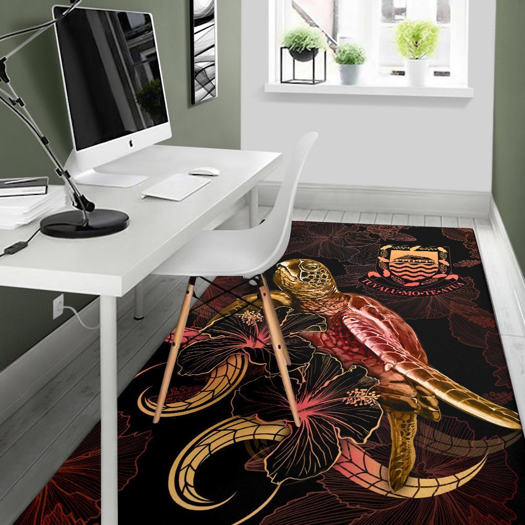 Tuvalu Polynesian Area Rugs - Turtle With Blooming Hibiscus Gold