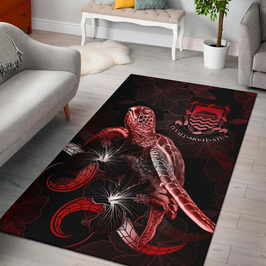 Tuvalu Polynesian Area Rugs - Turtle With Blooming Hibiscus Red