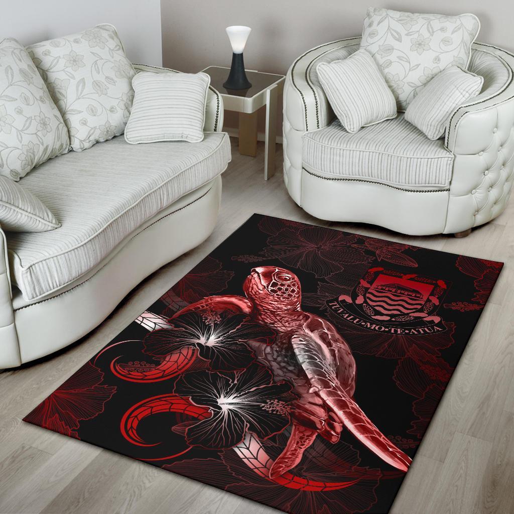 Tuvalu Polynesian Area Rugs - Turtle With Blooming Hibiscus Red