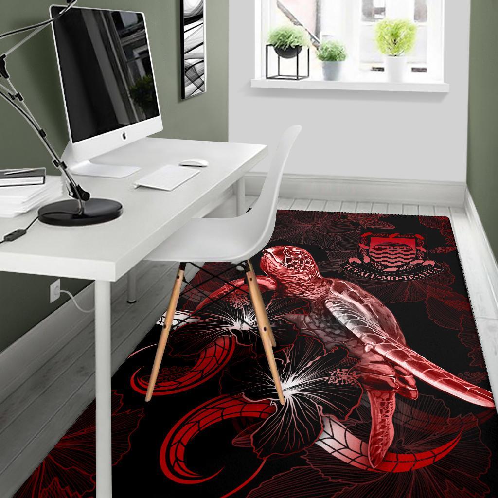 Tuvalu Polynesian Area Rugs - Turtle With Blooming Hibiscus Red