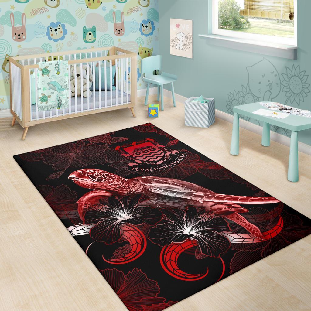 Tuvalu Polynesian Area Rugs - Turtle With Blooming Hibiscus Red