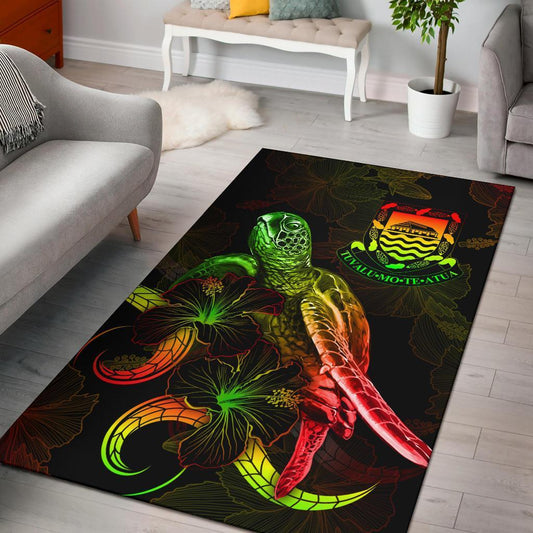 Tuvalu Polynesian Area Rugs - Turtle With Blooming Hibiscus Reggae