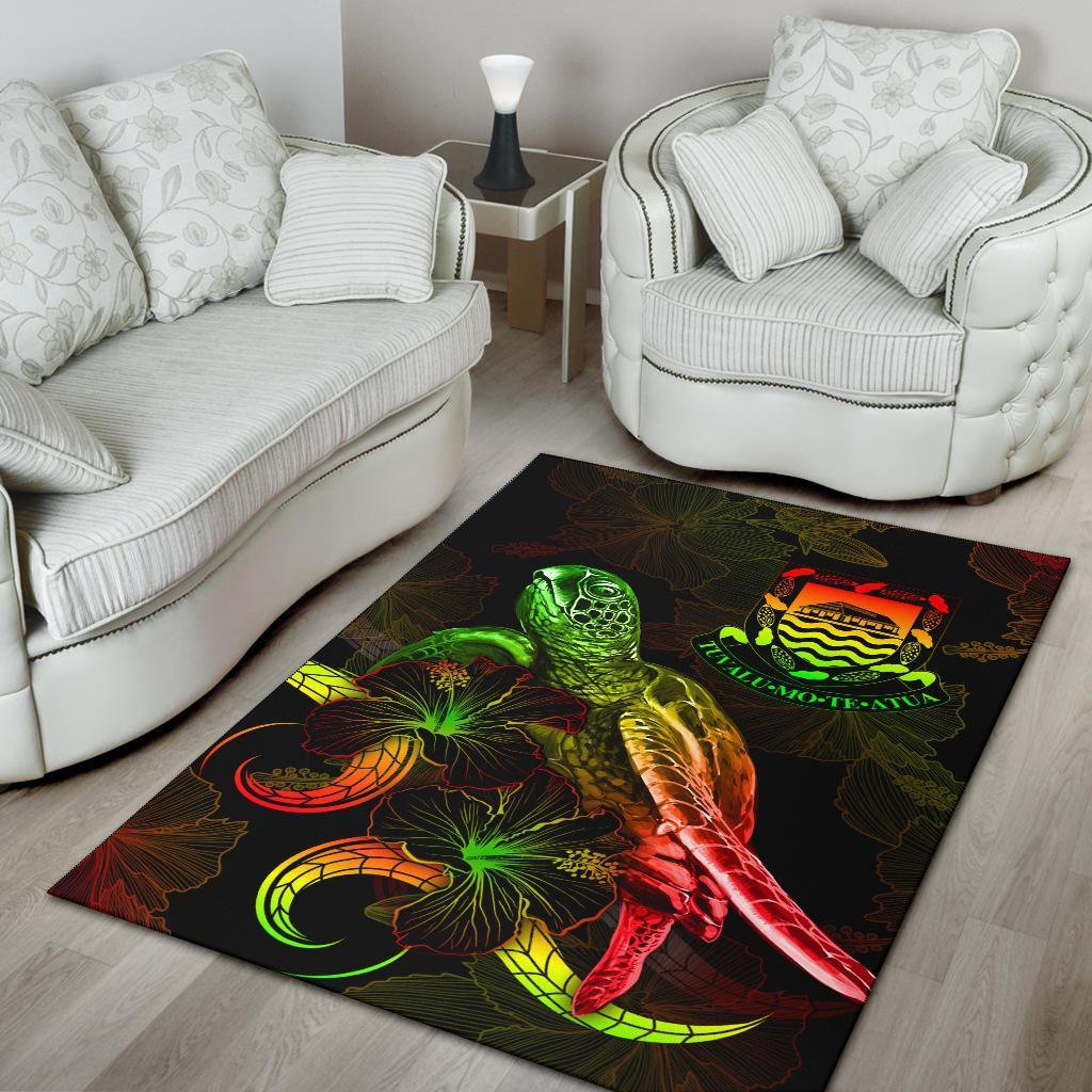 Tuvalu Polynesian Area Rugs - Turtle With Blooming Hibiscus Reggae