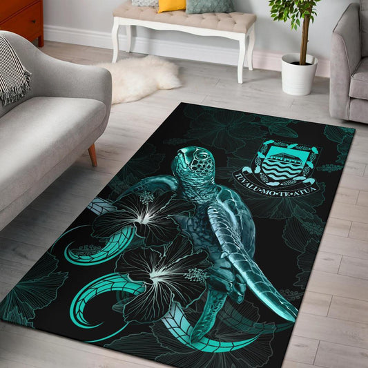 Tuvalu Polynesian Area Rugs - Turtle With Blooming Hibiscus Turquoise