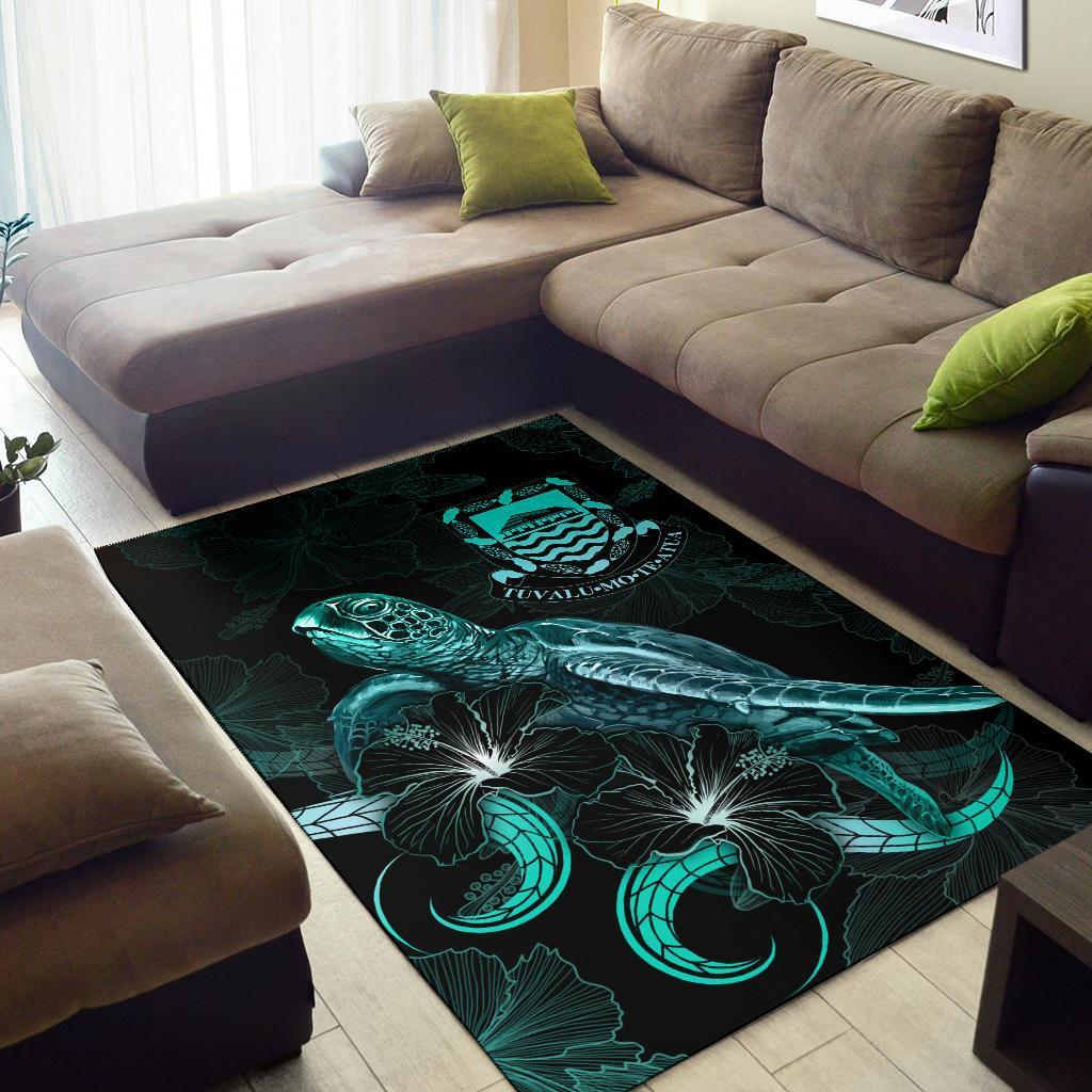 Tuvalu Polynesian Area Rugs - Turtle With Blooming Hibiscus Turquoise