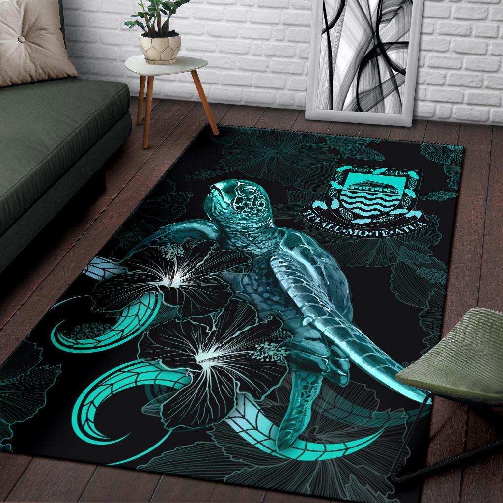 Tuvalu Polynesian Area Rugs - Turtle With Blooming Hibiscus Turquoise